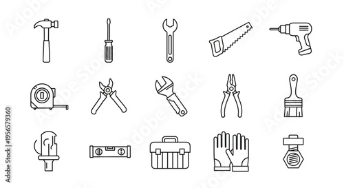 Set of 15 outline vector icons featuring various construction and repair tools for web and print projects