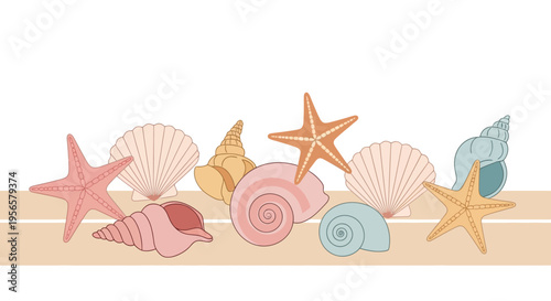Pastel beach seashells and starfish vector illustration on sand for summer border design