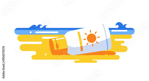 Sunscreen bottle on sandy beach with blue ocean waves, summer sun protection vector illustration
