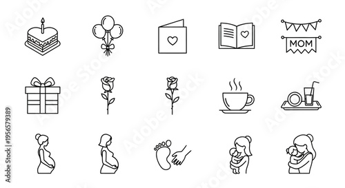 Set of 15 Mother's Day and pregnancy line icons vector, including cake, balloons, gifts, roses, and pregnant women