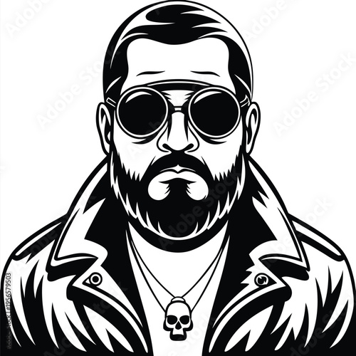 Monochrome tattooed biker with beard and skull pendant wears sunglasses and jacket