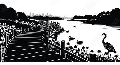 A serene riverside path with ducks and a heron depicted in a striking black and white silhouette high quality professional detailed