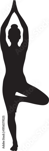 Black silhouette of a woman performing the tree yoga pose with hands raised high above her head isolated on transparent background, Vector