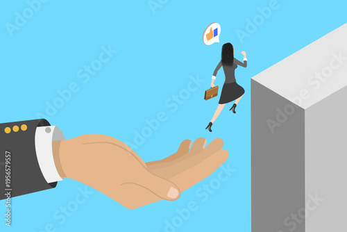 3D Isometric Flat Vector Illustration of Helping Hand, Assisting Businesswoman To Jump Farther In Business
