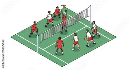 Isometric illustration of a volleyball game in action with multiple players