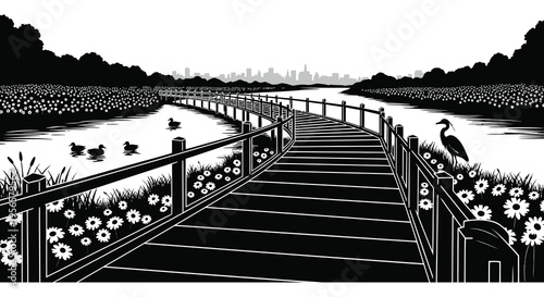 A picturesque boardwalk winds through a wetland landscape with city views rendered in a striking silhouette high quality professional detailed modern
