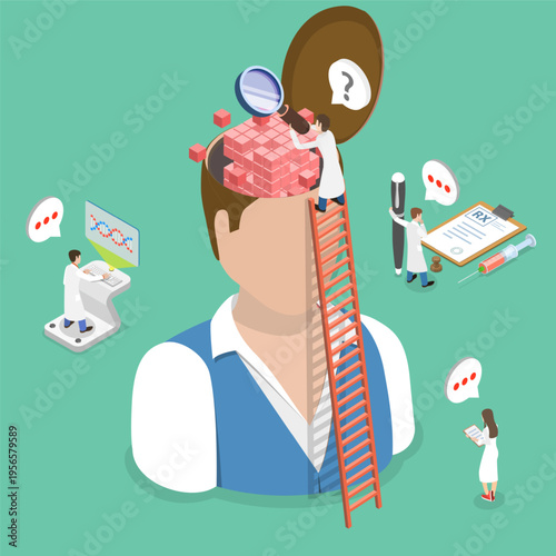 3D Isometric Flat Vector Illustration of Memory Loss, Team Examining Human Brain To Represent Memory Conditions