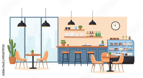 A brightly lit cafe interior with seating counter and display cases