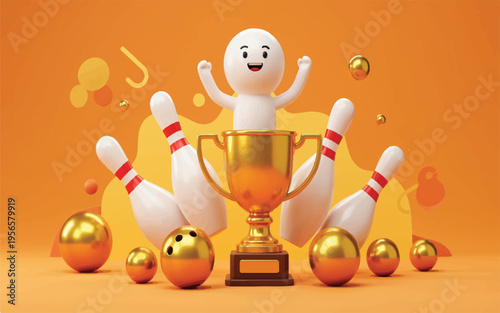 Happy cartoon character celebrating with trophy and bowling pins and balls on orange background  winning a game