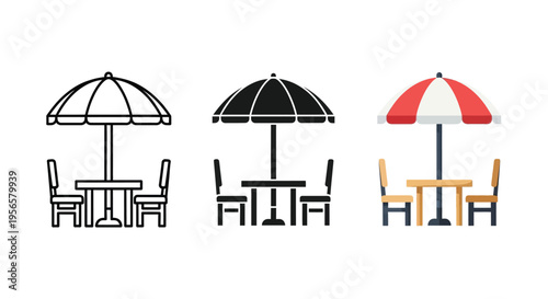 Three variations of beach umbrellas with tables and chairs displayed