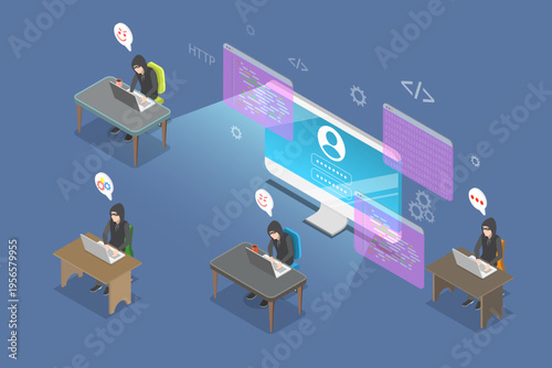 3D Isometric Flat Vector Illustration of Unauthorized Access , Hidden Backdoor For Bypassing Authentication And Encryption In Computers