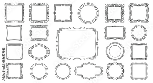 Collection of hand drawn doodle style frames and borders in black and white