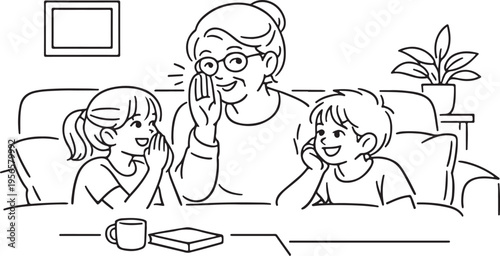 Grandmother With Grandchildren Line Art Vector Family Love Generations Bonding Elderly Care Warm Relationship Illustration