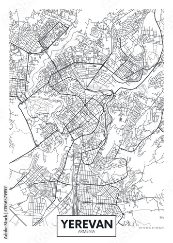 Detailed urban planning city map Yerevan the capital and largest city of Armenia, travel vector poster design