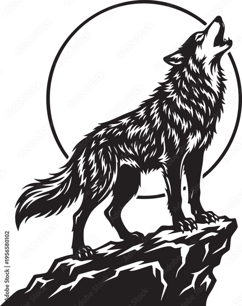 Obraz premium A majestic wolf howling at the full moon while standing proudly on a jagged rocky mountain peak isolated on transparent background, Vector