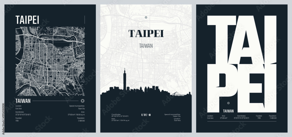 Naklejka premium Vector set of travel posters, detailed urban street plan city map Taipei the capital and a special municipality of Taiwan, Silhouette city skyline artwork, kit 2
