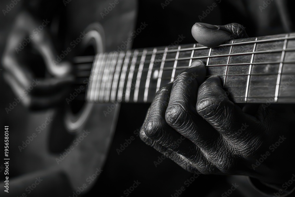 Fototapeta premium Monochrome portrait of fingers on guitar neck, intimate musical moment