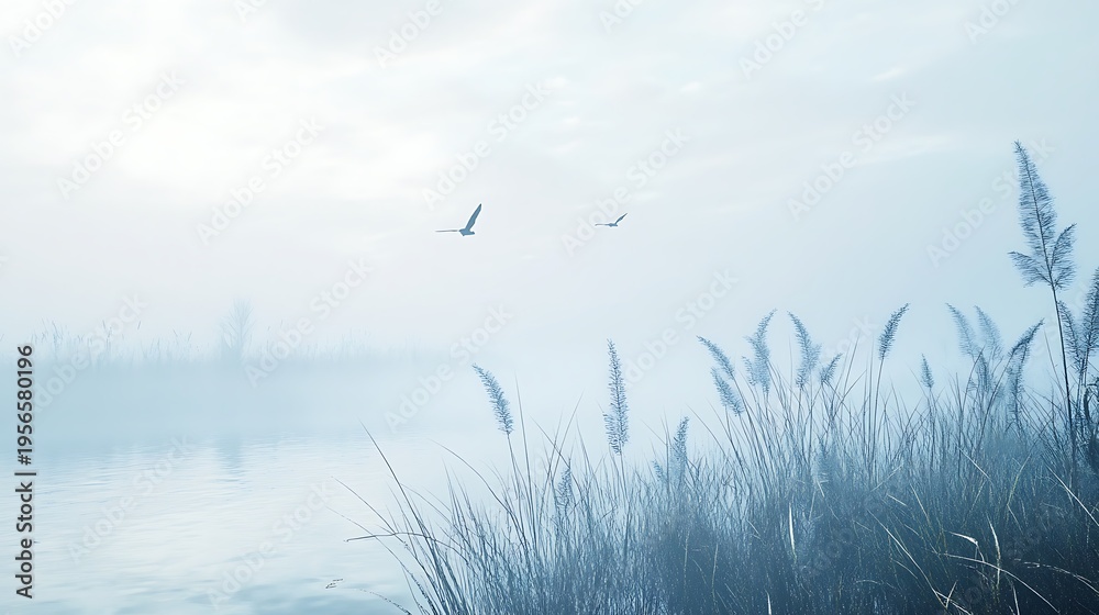 Obraz premium Serene Landscape with Birds in Flight