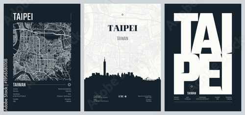 Vector set of travel posters, detailed urban street plan city map Taipei the capital and a special municipality of Taiwan, Silhouette city skyline artwork, kit 2