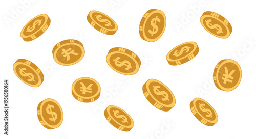 Floating gold coins with dollar and yen symbols in a scattered arrangement