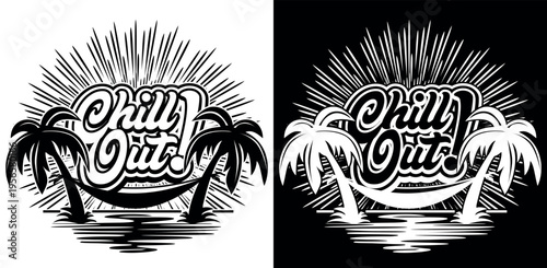 Chill out lettering with palm and hammock for t-shirt print. Vector on transparent and black background