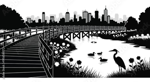 A black and white illustration depicts a boardwalk leading to a city skyline with a striking silhouette high quality professional detailed