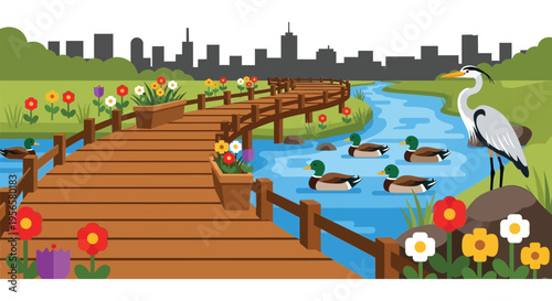 A picturesque park scene with a wooden walkway ducks a heron and a city skyline in the distance silhouette high quality