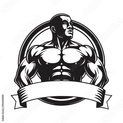Muscular man peers upward contained in circle with a ribbon banner silhouette