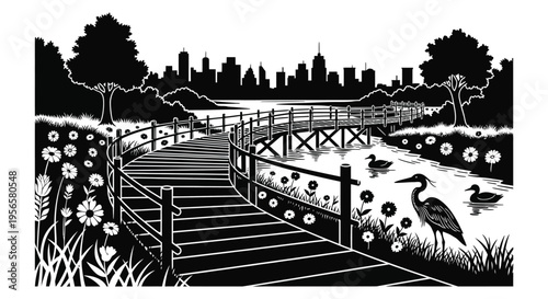 A striking black and white landscape depicts a winding path waterfowl and a city skyline in silhouette high quality professional detailed
