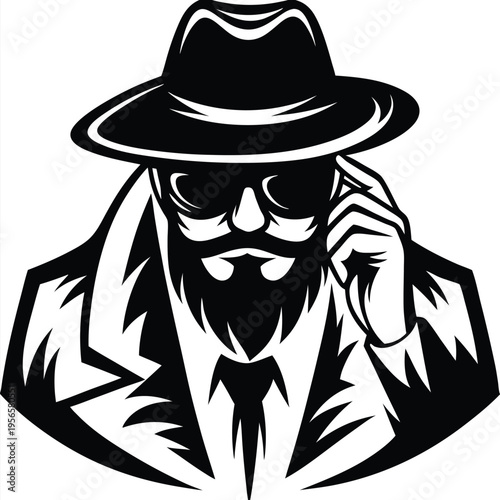 Mysterious bearded man in black fedora adjusts his glasses thoughtfully on white