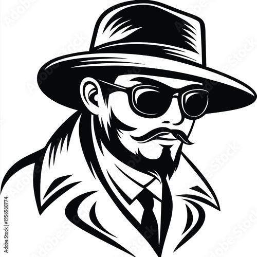 Mysterious man in hat and sunglasses exudes monochrome style with suit and tie