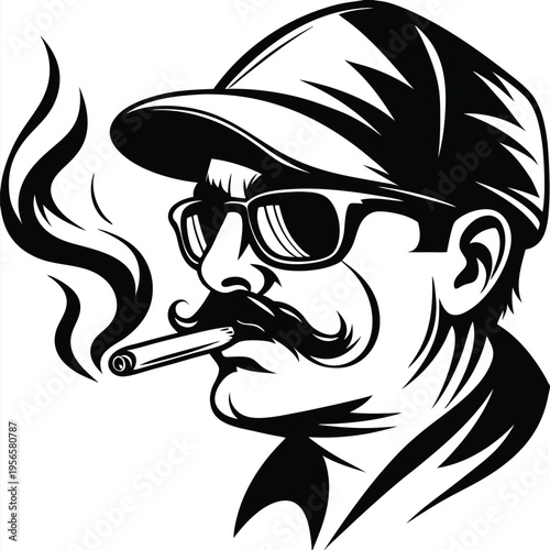 Mustached man wears shades and a cap while smoking a cigar with elegance
