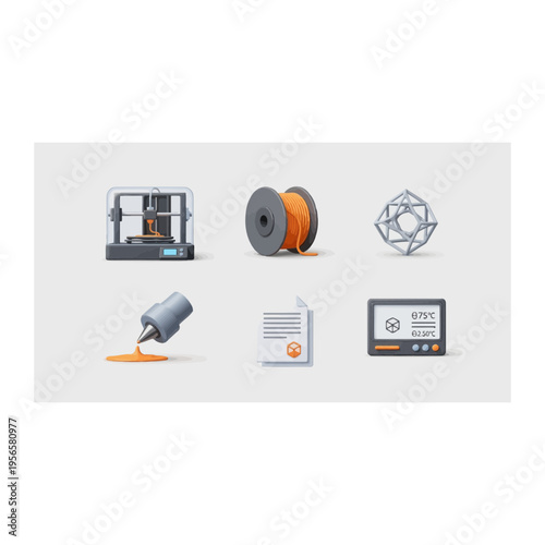 3D Printing Technology Icons Set - Printer, Filament, and Design Elements