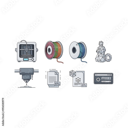 Pixel Art 3D Printing Icons Set - Technology, Filament, and Models