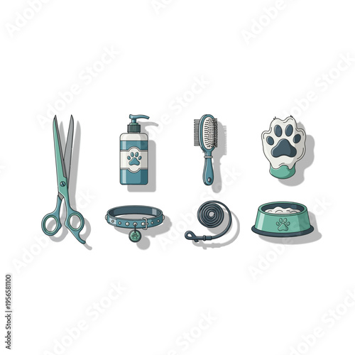 Modern Pet Grooming and Care Icons Set on Bright White Background
