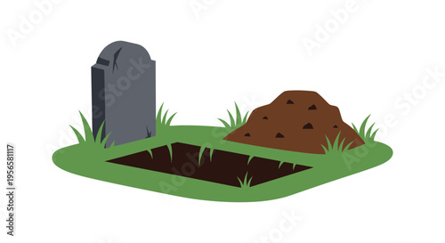 A freshly dug grave with a tombstone and mound of dirt represented as a flat stark silhouette high quality professional detailed