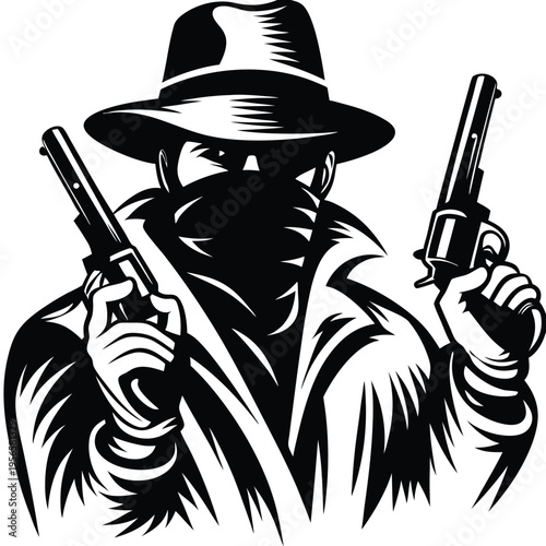 Mysterious man wearing a fedora and mask is holding two revolvers in his hands