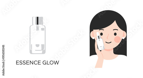 Woman applying facial essence in flat illustration style with soft natural lighting for skincare advertising