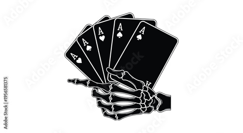 A skeletal hand dramatically displays four ace playing cards in a stark high contrast image silhouette high quality professional detailed modern elegant