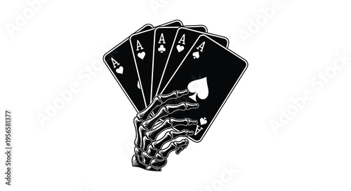 A hand of playing cards all aces is held by a skeletal hand in a stark black silhouette high quality professional