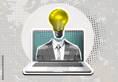 Trendy halftone collage element. Person, businessman, on screen laptop, expert with light bulb instead head. Idea, brainstorming, problem solution concept Mixed design vector illustration