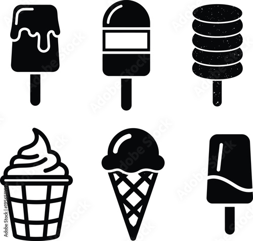 black and white illustrations of various ice cream types and flavors on white background