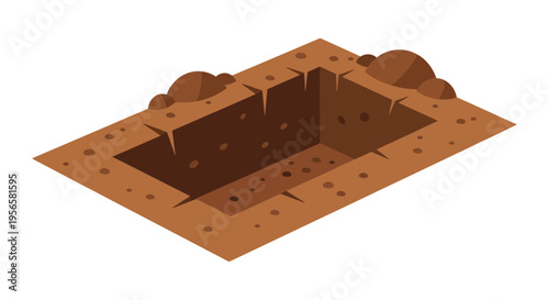 Isometric illustration of a freshly dug grave with surrounding dirt and rocks presented as a dark silhouette high quality professional detailed