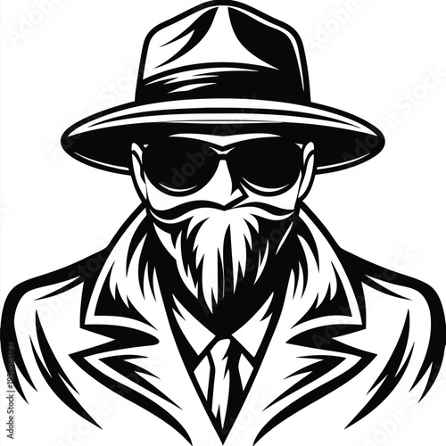 Mysterious man with hat, sunglasses, and beard confidently wears a coat and tie