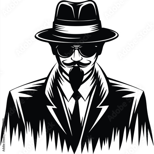 Mysterious man with mustache wears a fedora, dark glasses, and suit in silhouette