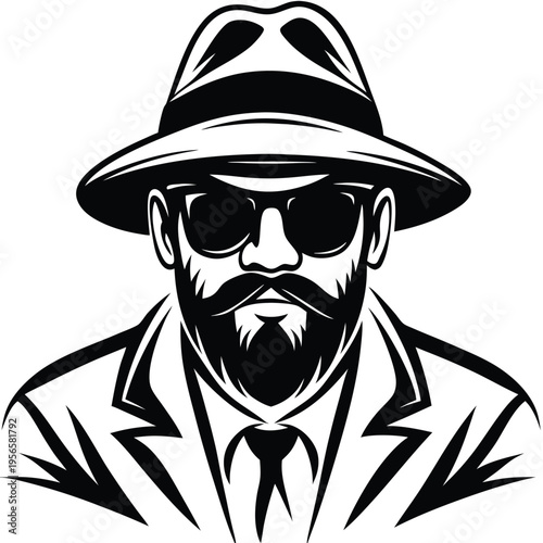 Mysterious man with beard, glasses, and hat wearing a suit in black and white