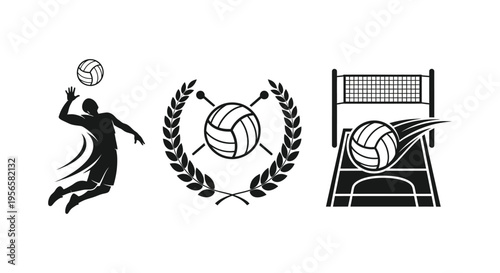 A dynamic composition featuring volleyball elements including a player wreath and net rendered as a striking silhouette high quality professional detailed