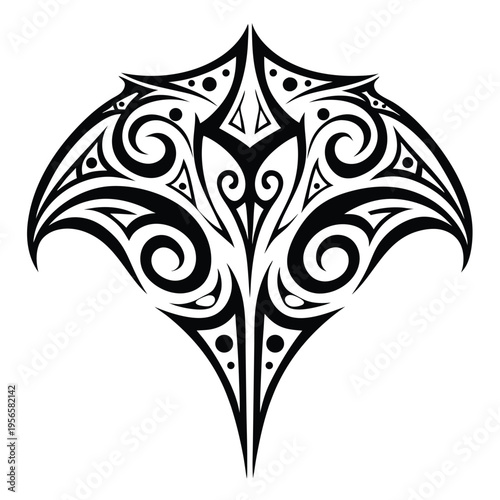 Ornate tribal design showcases symmetrical swirls and geometric shapes to create an eye catching image