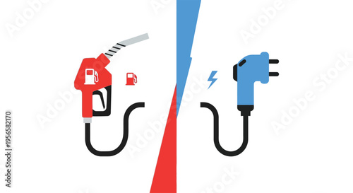 A stark visual comparison of gasoline and electric vehicle fueling methods split diagonally with bold colors silhouette high quality professional detailed