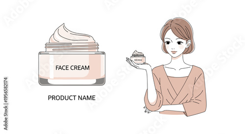 Woman applying face cream in minimalist flat illustration with soft peach color in bright lighting for skincare advertising